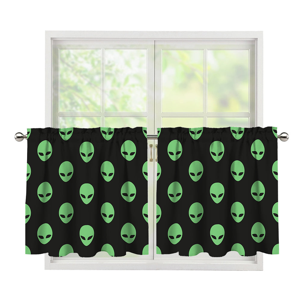 Green Alien Face Print Tier Curtains