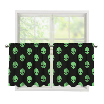 Green Alien Face Print Tier Curtains