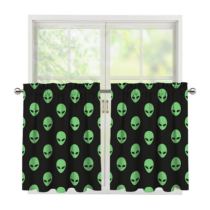 Green Alien Face Print Tier Curtains