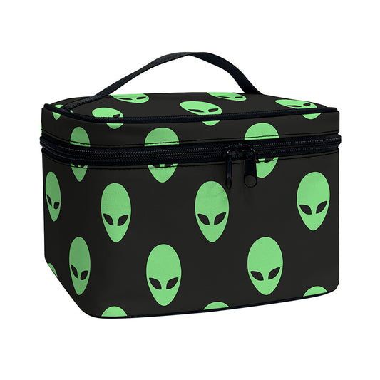 Green Alien Face Print Travel Makeup Bag