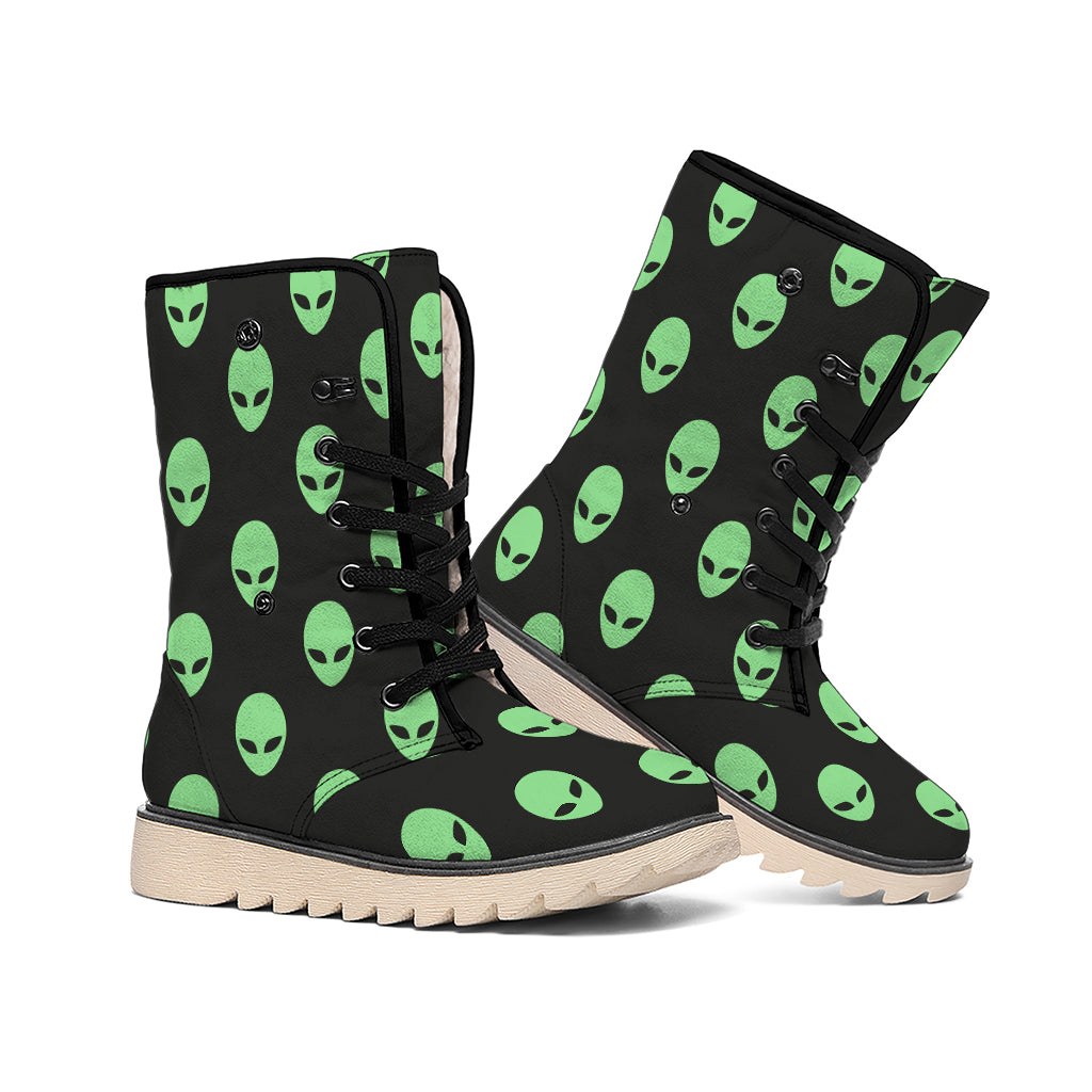 Green Alien Face Print Winter Boots