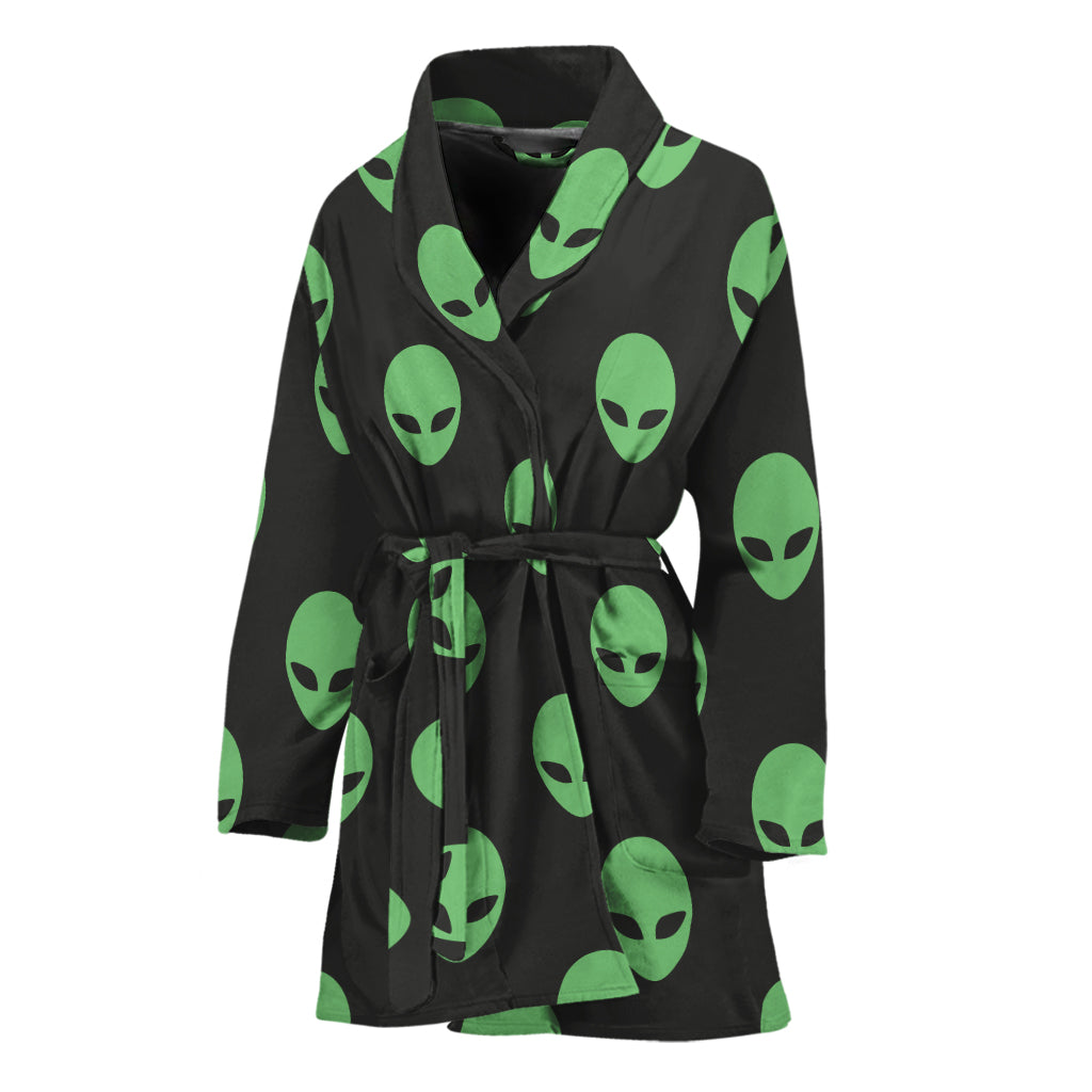 Green Alien Face Print Women's Bathrobe