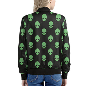 Green Alien Face Print Women's Bomber Jacket