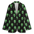 Green Alien Face Print Women's Cotton Blazer