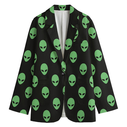 Green Alien Face Print Women's Cotton Blazer