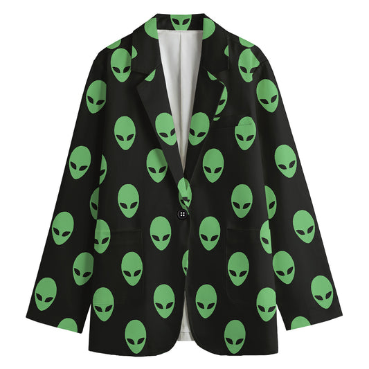 Green Alien Face Print Women's Cotton Blazer