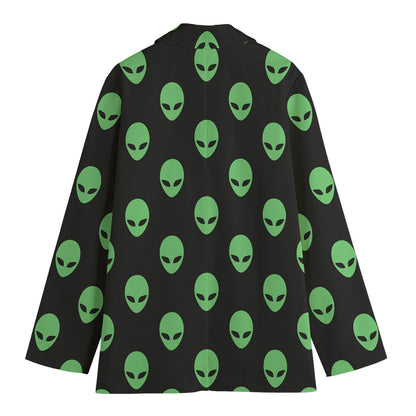 Green Alien Face Print Women's Cotton Blazer