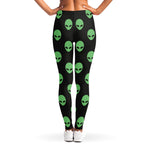 Green Alien Face Print Women's Leggings