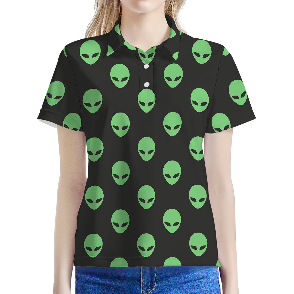 Green Alien Face Print Women's Polo Shirt