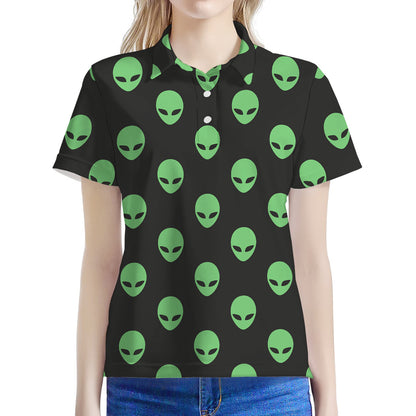 Green Alien Face Print Women's Polo Shirt
