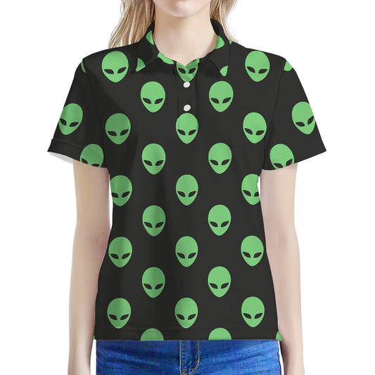 Green Alien Face Print Women's Polo Shirt