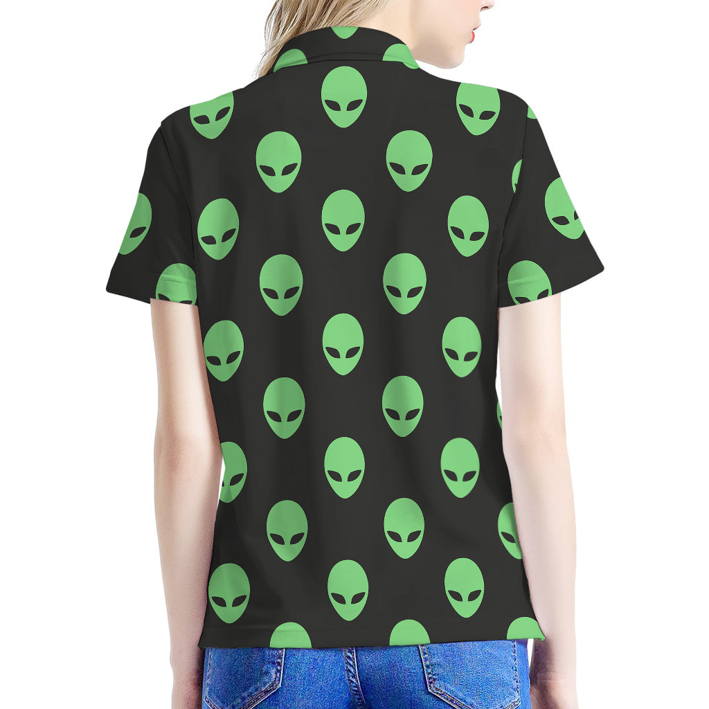 Green Alien Face Print Women's Polo Shirt