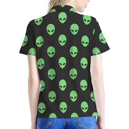 Green Alien Face Print Women's Polo Shirt