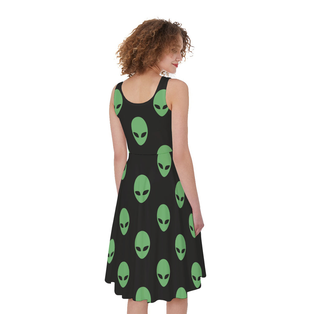 Green Alien Face Print Women's Sleeveless Dress