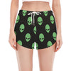 Green Alien Face Print Women's Split Running Shorts