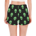 Green Alien Face Print Women's Split Running Shorts