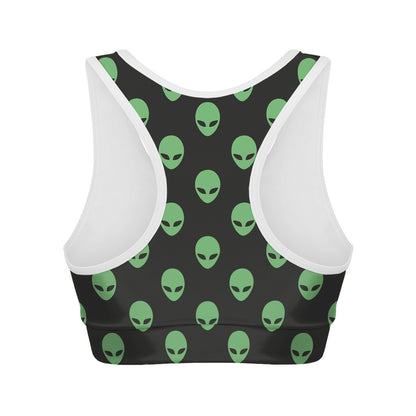 Green Alien Face Print Women's Sports Bra