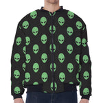 Green Alien Face Print Zip Sleeve Bomber Jacket