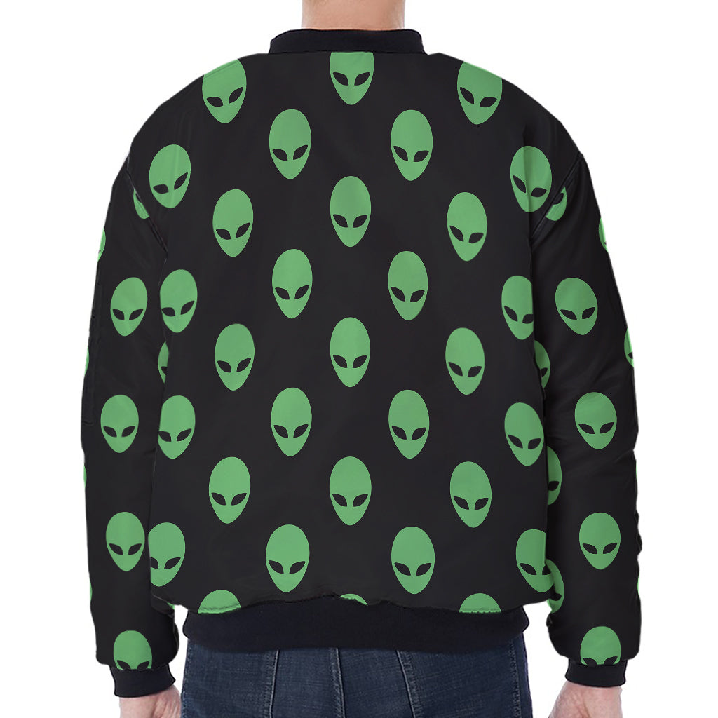 Green Alien Face Print Zip Sleeve Bomber Jacket