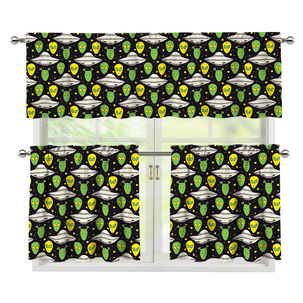 Green Alien UFO Space Print 3 Piece Kitchen Curtains