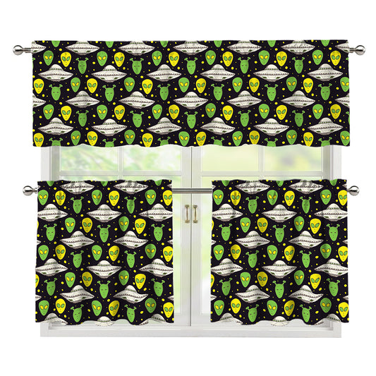 Green Alien UFO Space Print 3 Piece Kitchen Curtains