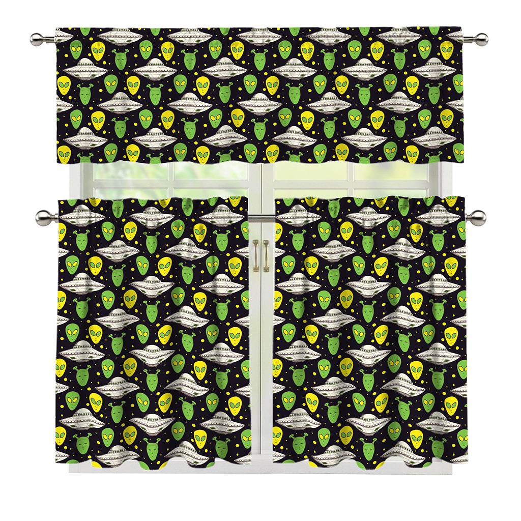 Green Alien UFO Space Print 3 Piece Kitchen Curtains
