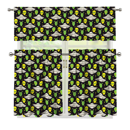 Green Alien UFO Space Print 3 Piece Kitchen Curtains