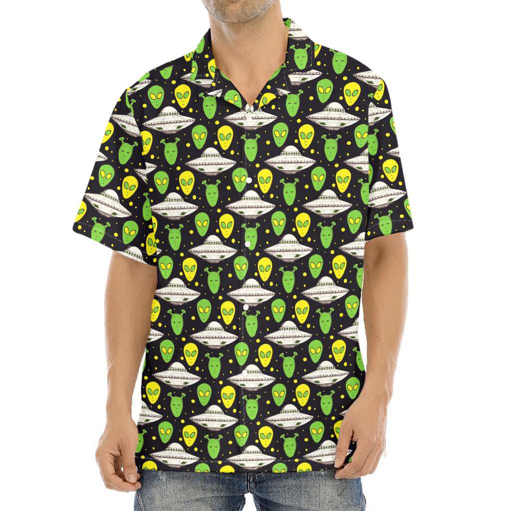 Green Alien UFO Space Print Aloha Shirt