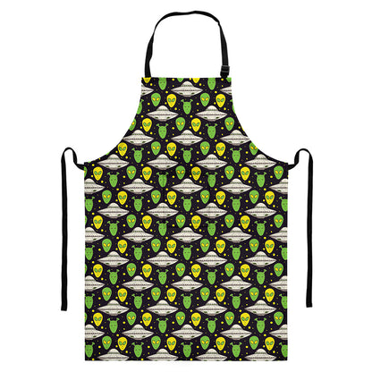 Green Alien UFO Space Print Bib Apron With Pocket