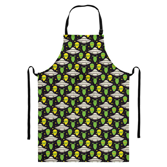 Green Alien UFO Space Print Bib Apron With Pocket