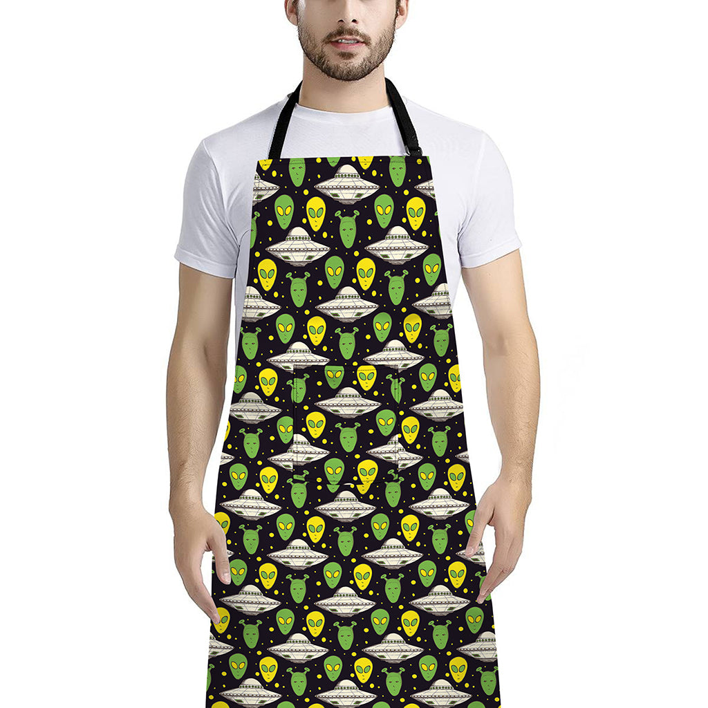 Green Alien UFO Space Print Bib Apron With Pocket