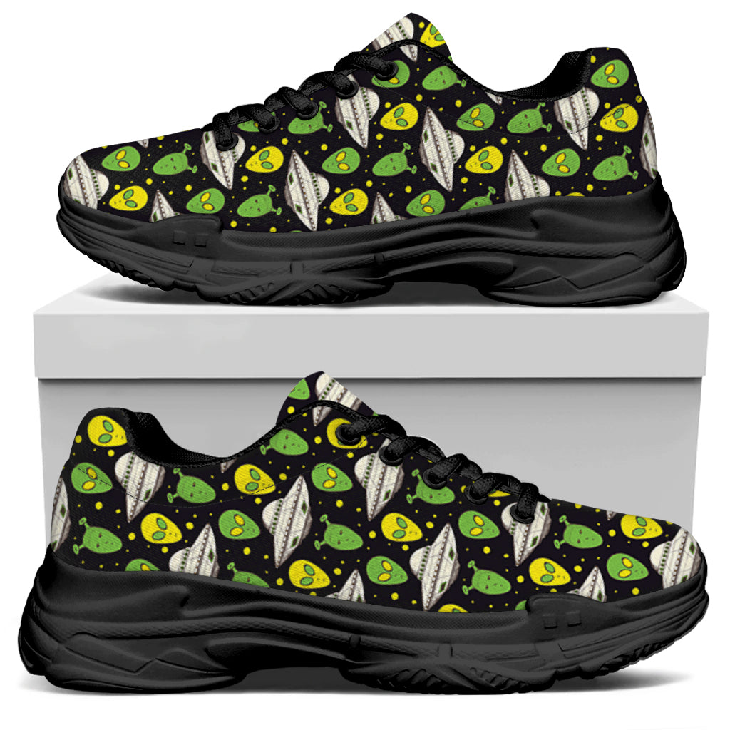 Green Alien UFO Space Print Black Chunky Shoes
