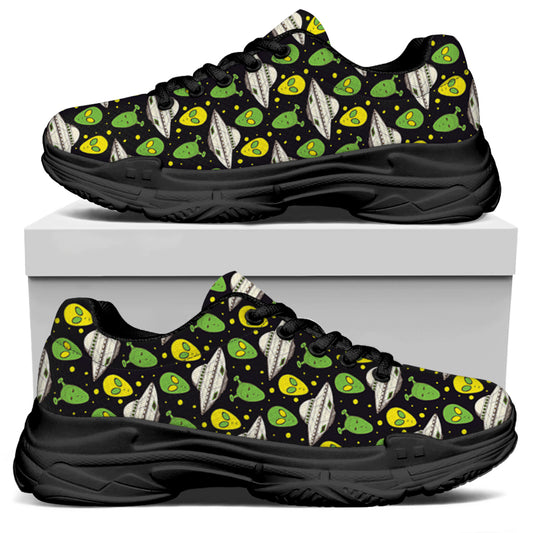 Green Alien UFO Space Print Black Chunky Shoes
