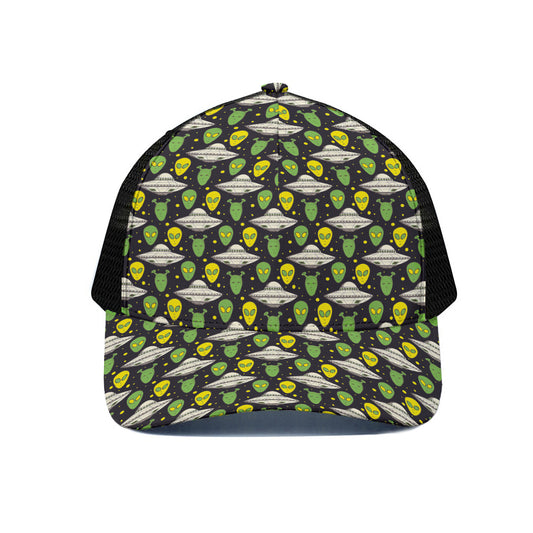 Green Alien UFO Space Print Black Mesh Trucker Cap