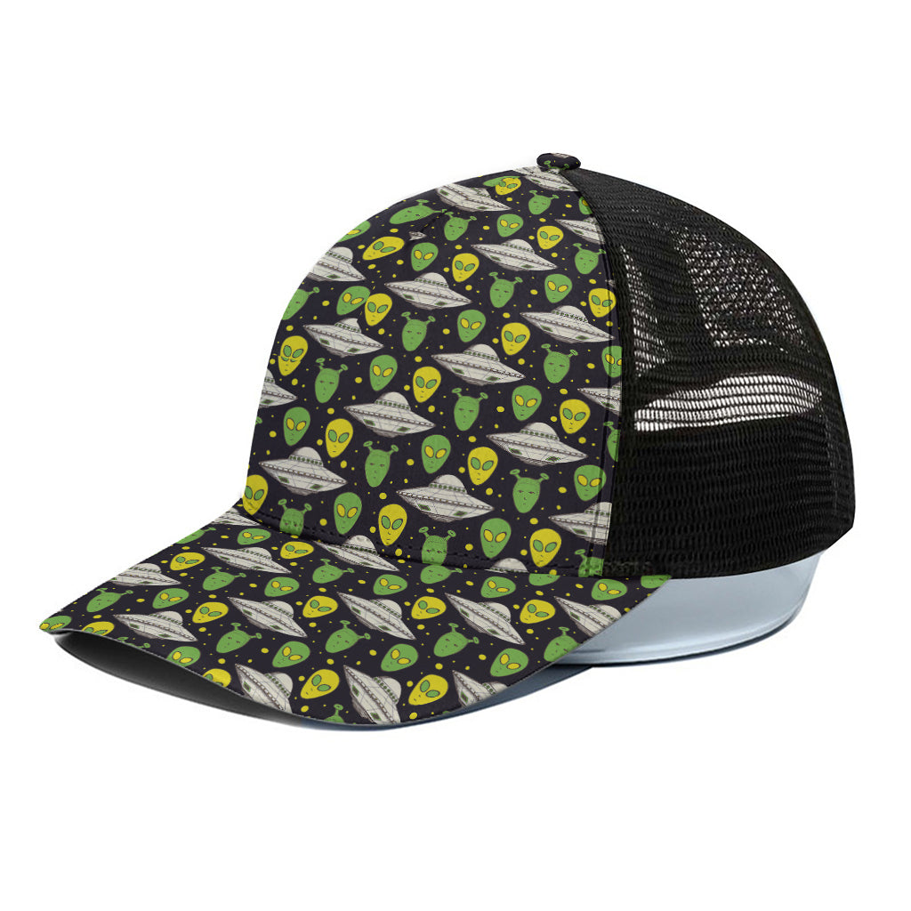 Green Alien UFO Space Print Black Mesh Trucker Cap