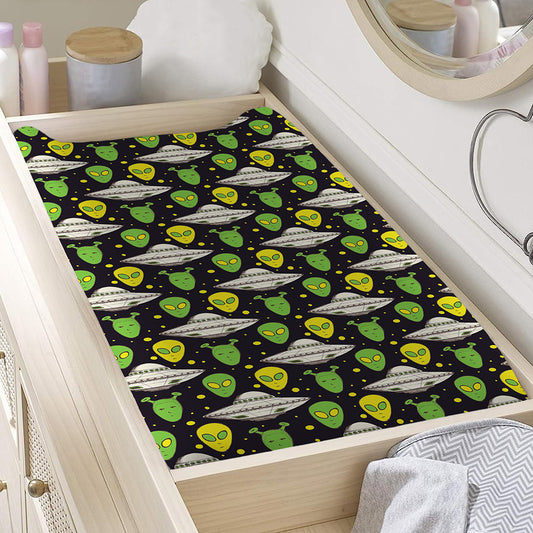 Green Alien UFO Space Print Changing Pad Cover
