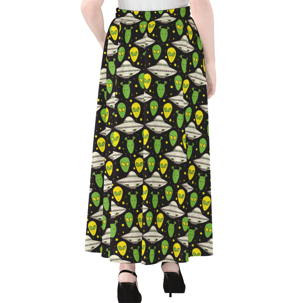 Green Alien UFO Space Print Chiffon Maxi Skirt