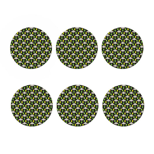Green Alien UFO Space Print Coaster Set