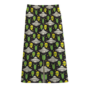 Green Alien UFO Space Print Cotton Front Slit Maxi Skirt