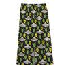 Green Alien UFO Space Print Cotton Front Slit Maxi Skirt