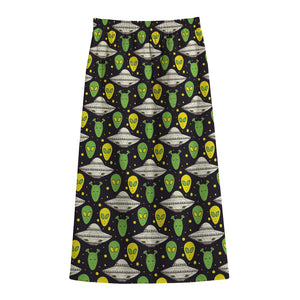 Green Alien UFO Space Print Cotton Front Slit Maxi Skirt