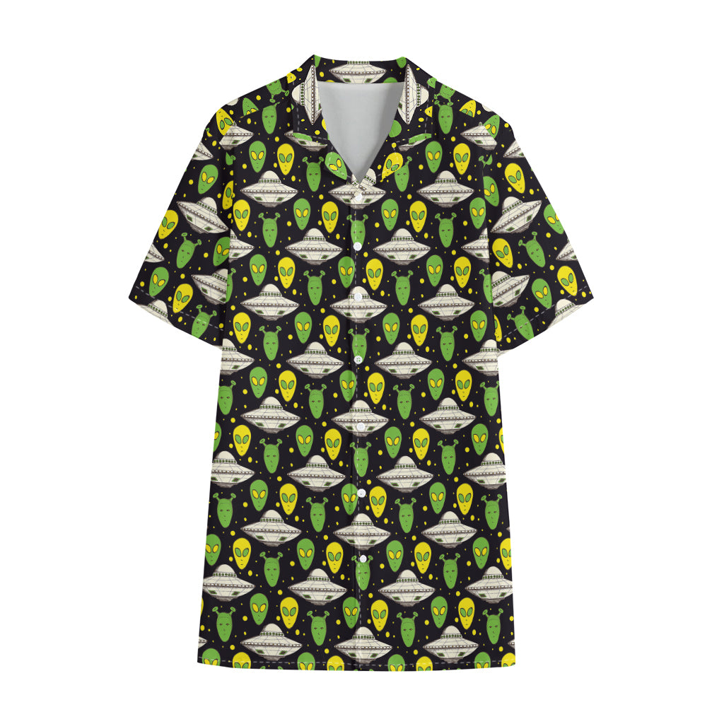 Green Alien UFO Space Print Cotton Hawaiian Shirt