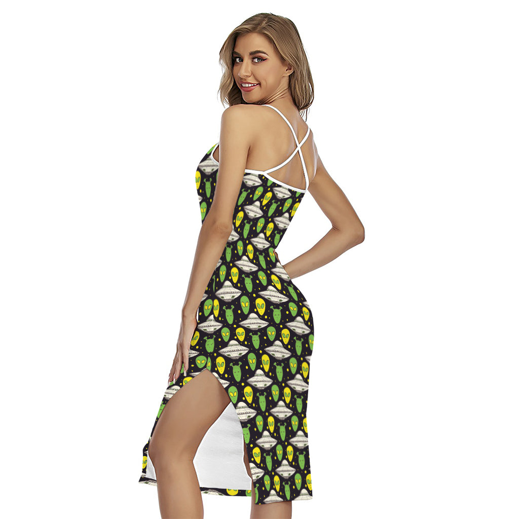 Green Alien UFO Space Print Cross Back Cami Dress