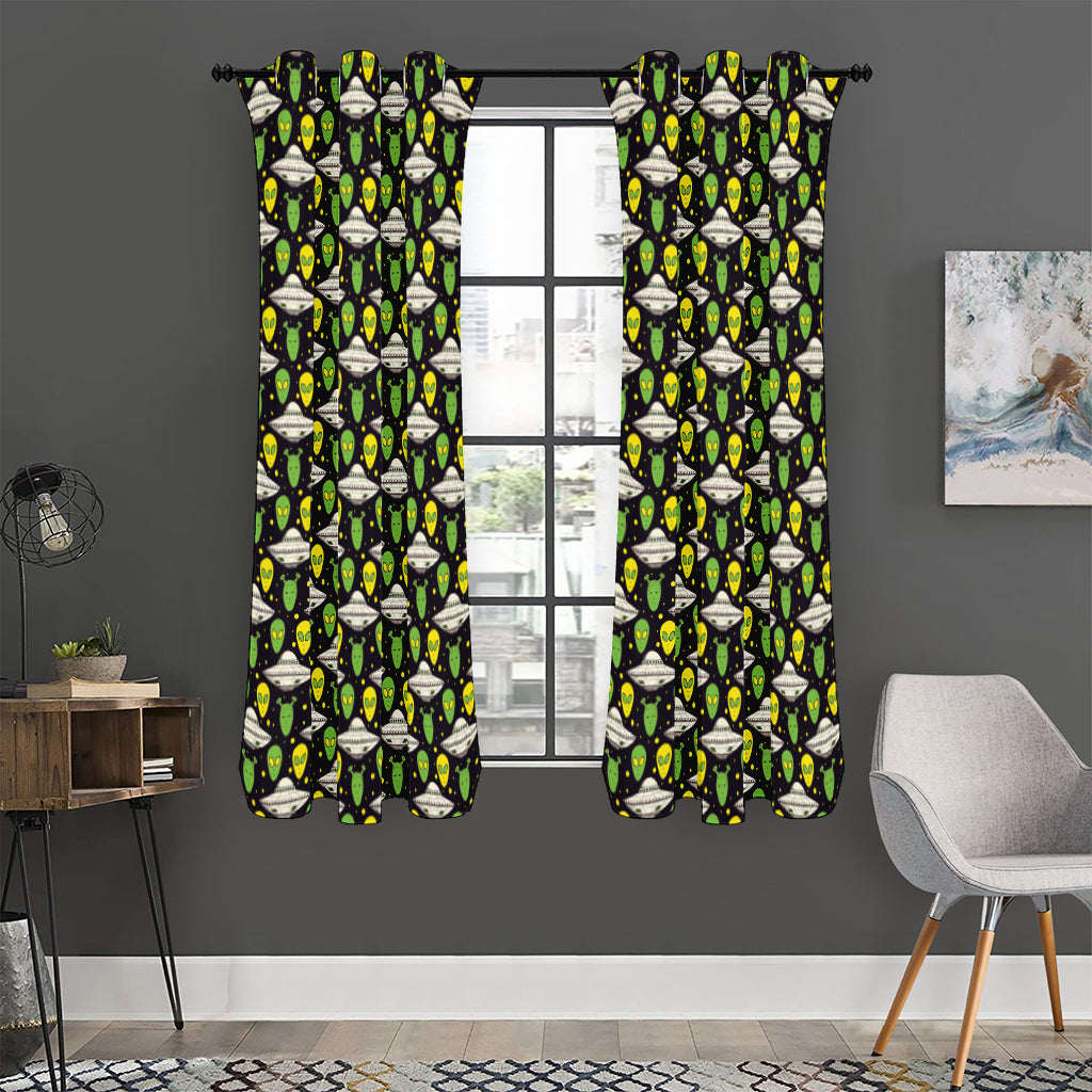 Green Alien UFO Space Print Curtain