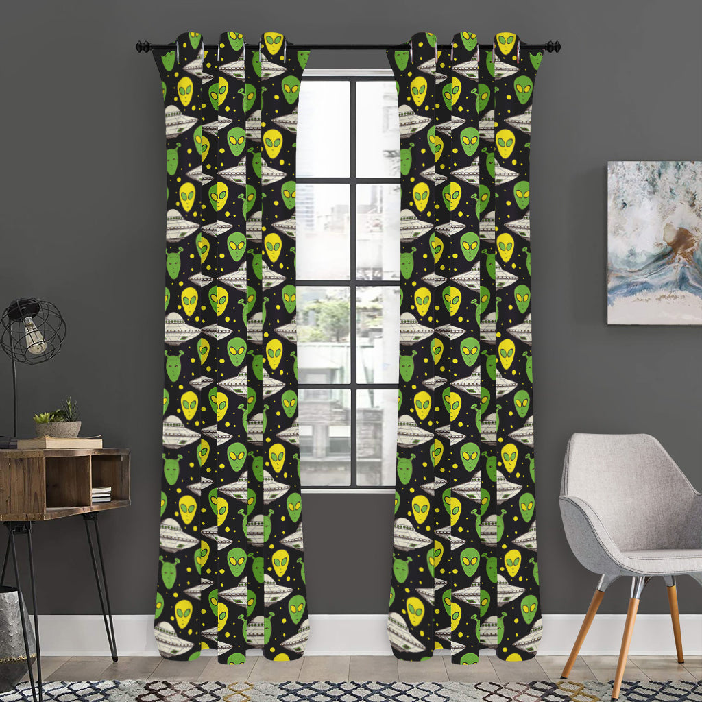 Green Alien UFO Space Print Curtain