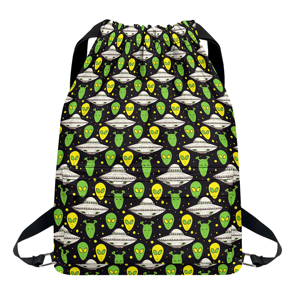 Green Alien UFO Space Print Drawstring Backpack