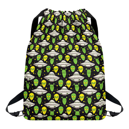 Green Alien UFO Space Print Drawstring Backpack