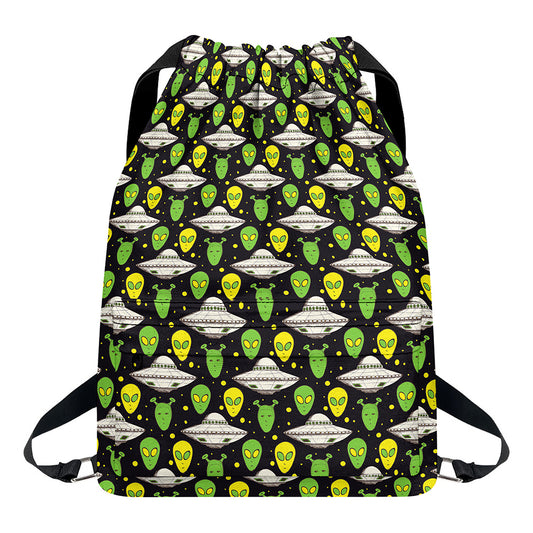 Green Alien UFO Space Print Drawstring Backpack