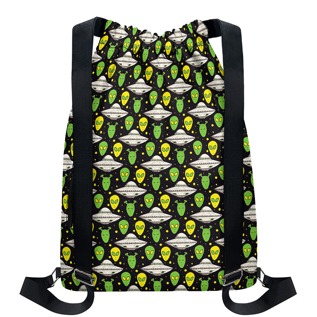 Green Alien UFO Space Print Drawstring Backpack