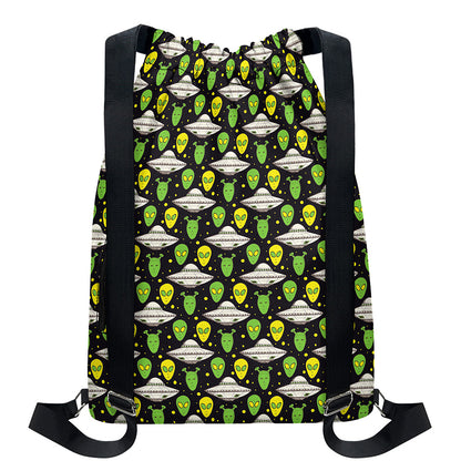 Green Alien UFO Space Print Drawstring Backpack